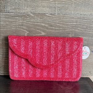 Beaded Red Clutch Bag - Elegant Scalloped Flap